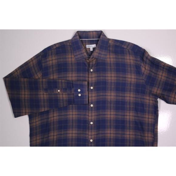 Peter Millar Blue/Brown Plaid Button-Up Dress Shirt Men's XL - Picture 3 of 7